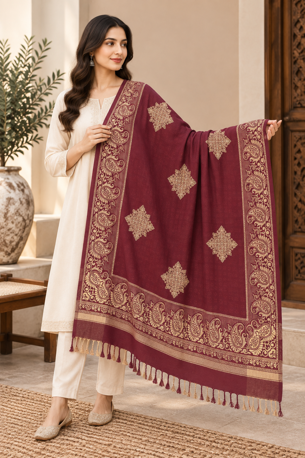 Maroon Shawl with Gold Diamond Medallion Motifs