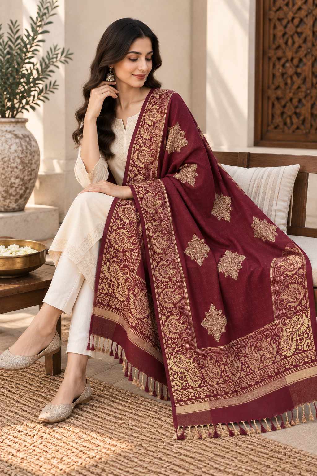 Maroon Shawl with Gold Diamond Medallion Motifs