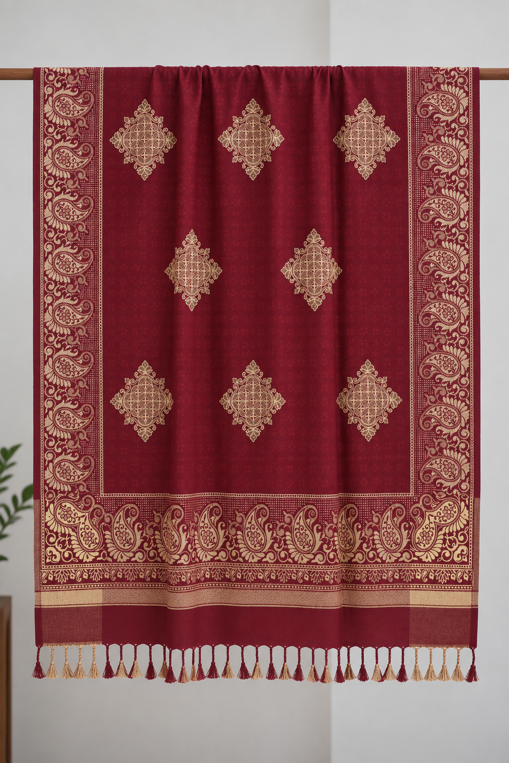 Maroon Shawl with Gold Diamond Medallion Motifs