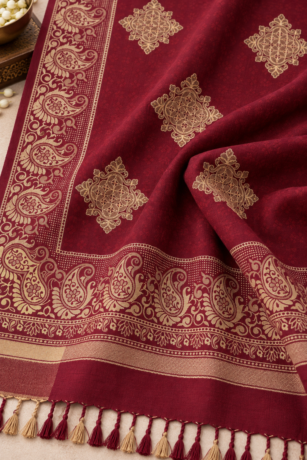 Maroon Shawl with Gold Diamond Medallion Motifs