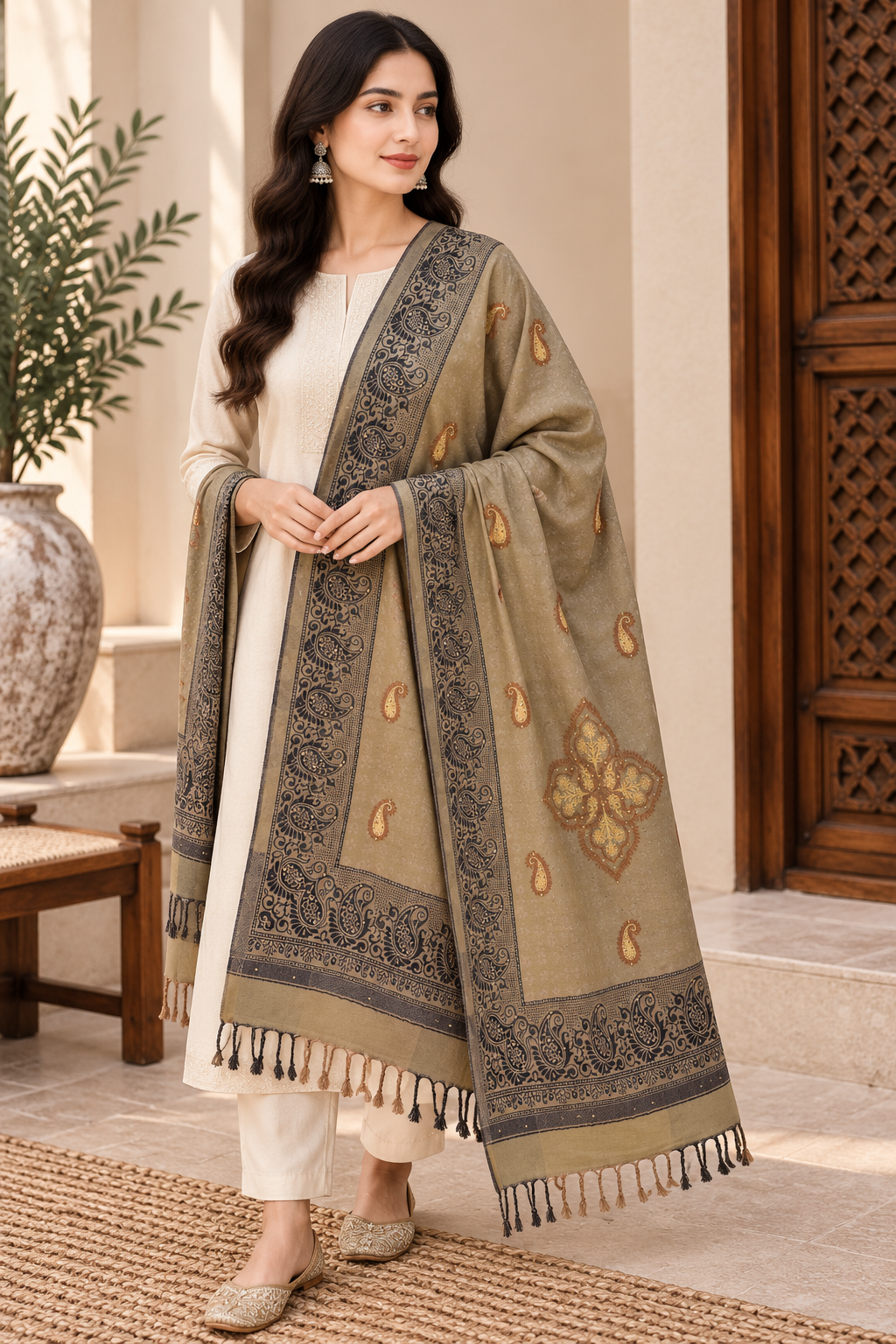 Beige Paisley Shawl with Medallion Accents