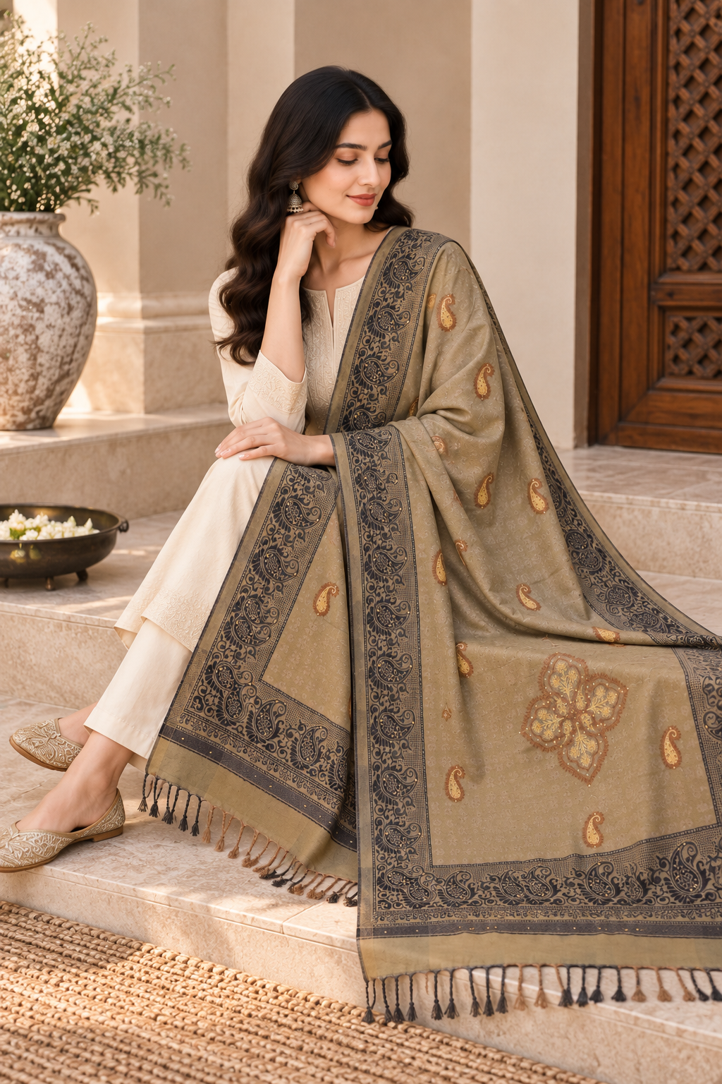 Beige Paisley Shawl with Medallion Accents
