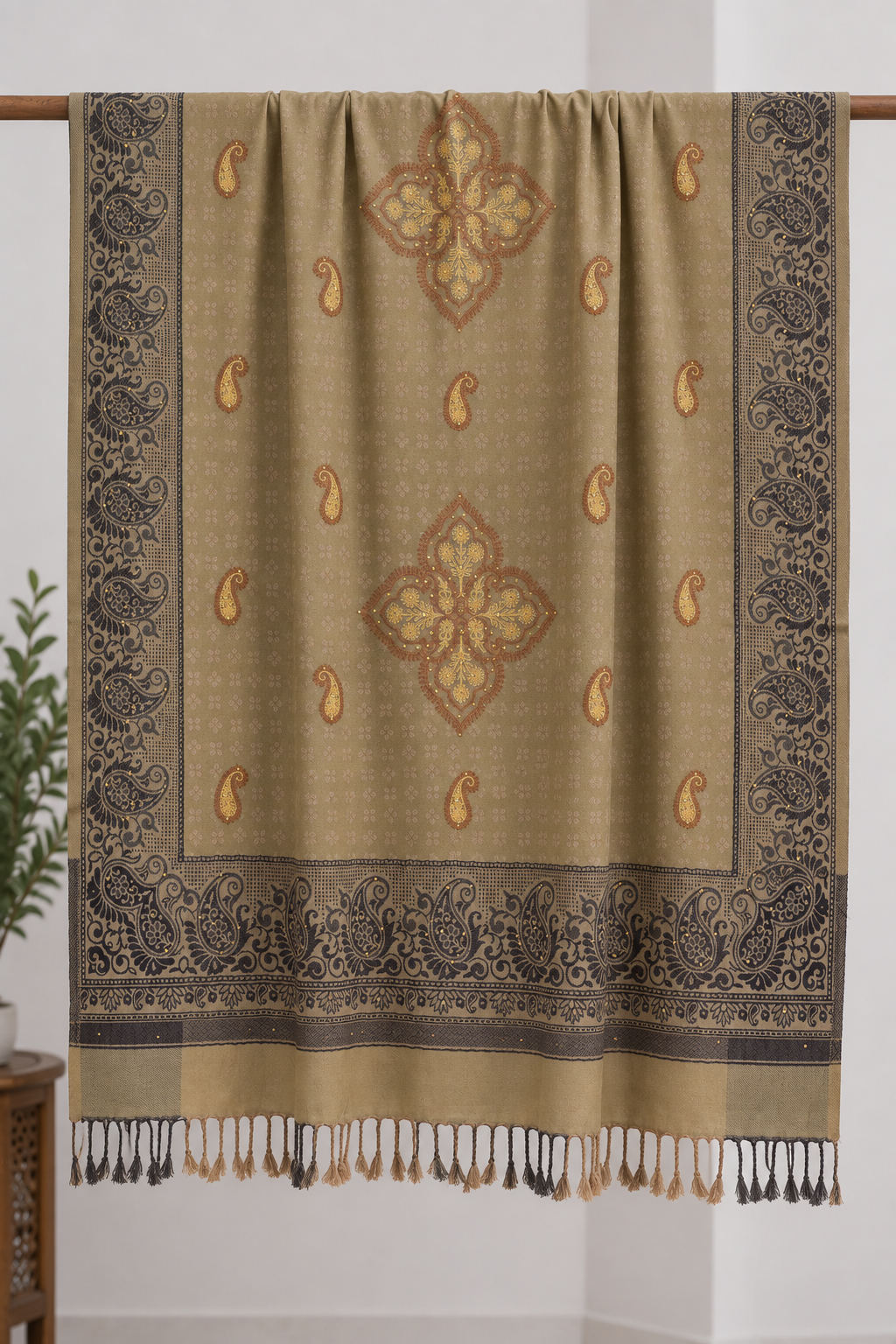 Beige Paisley Shawl with Medallion Accents