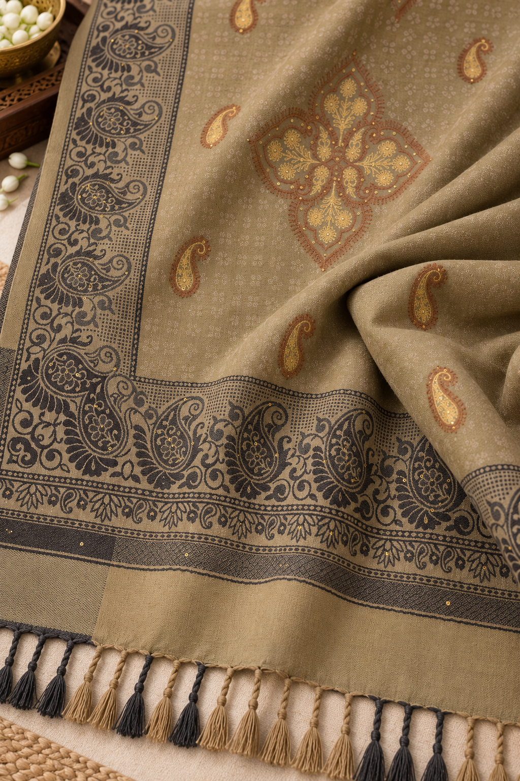 Beige Paisley Shawl with Medallion Accents