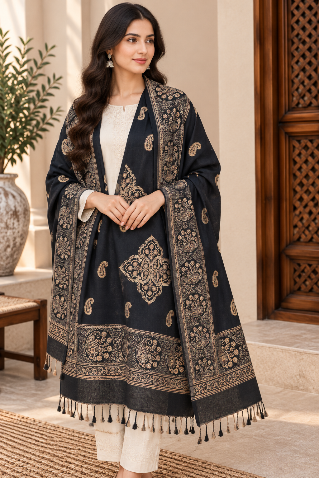 Black Paisley Shawl with Medallion Accents