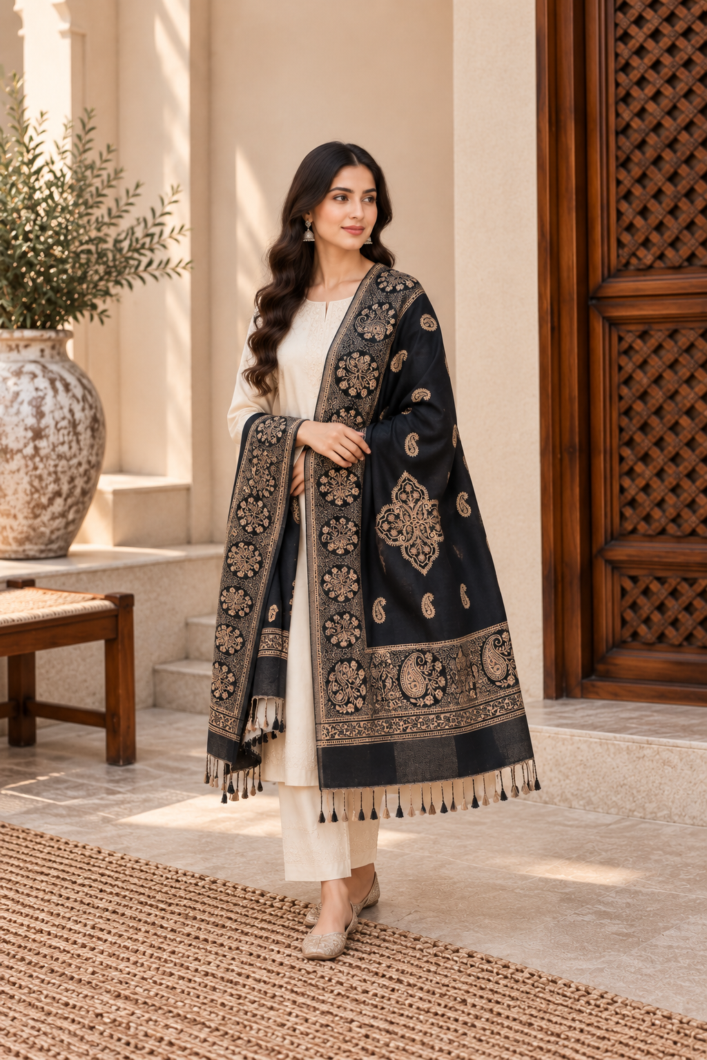 Black Paisley Shawl with Medallion Accents