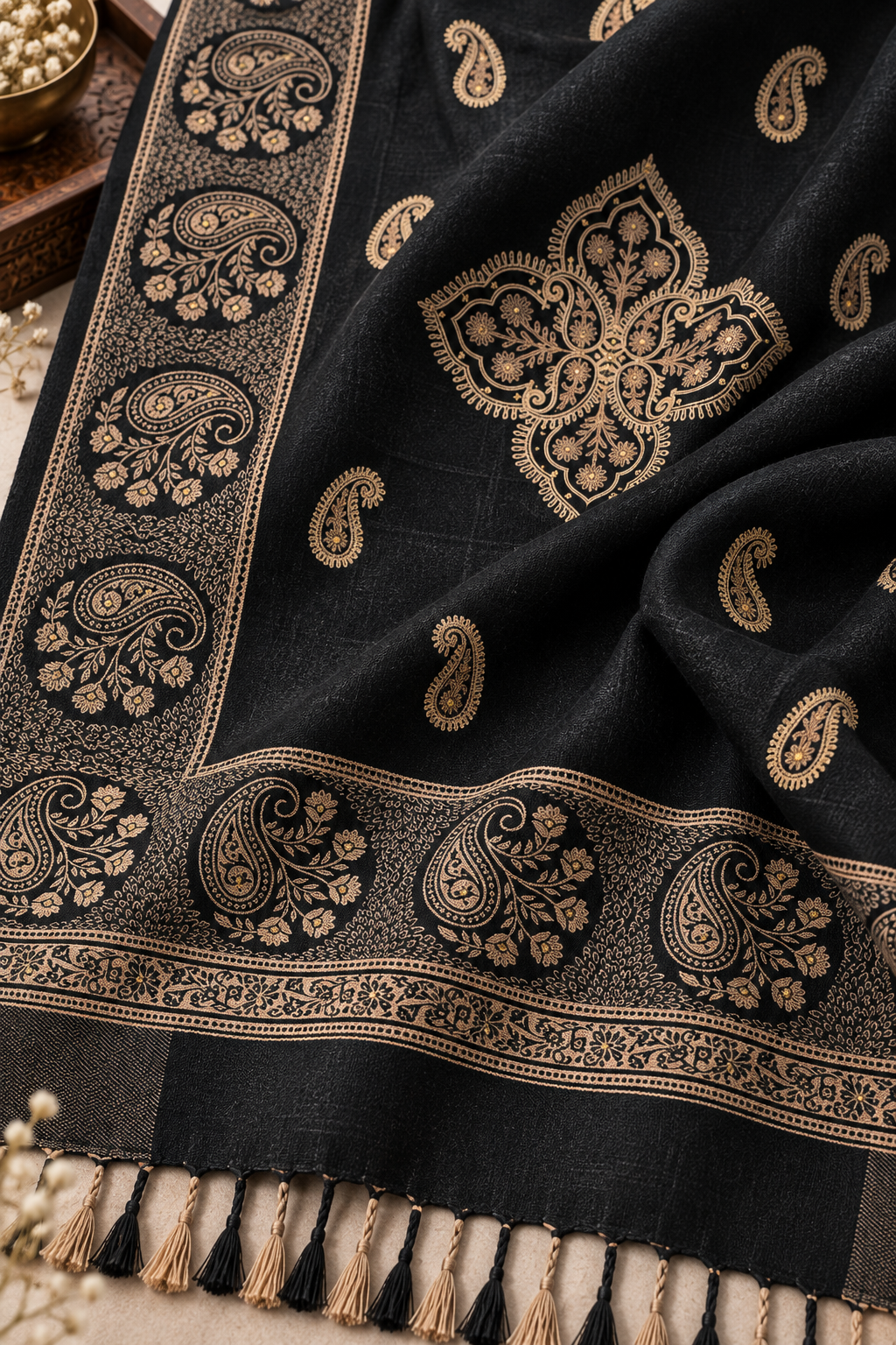Black Paisley Shawl with Medallion Accents