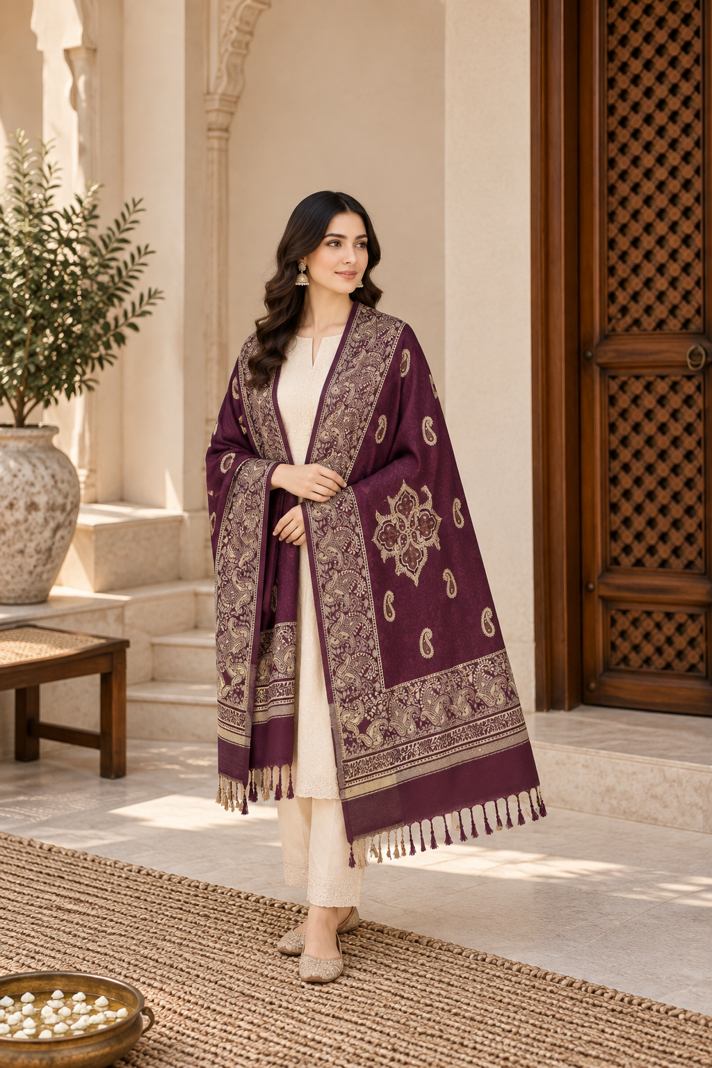 Plum Paisley Shawl with Medallion Accents