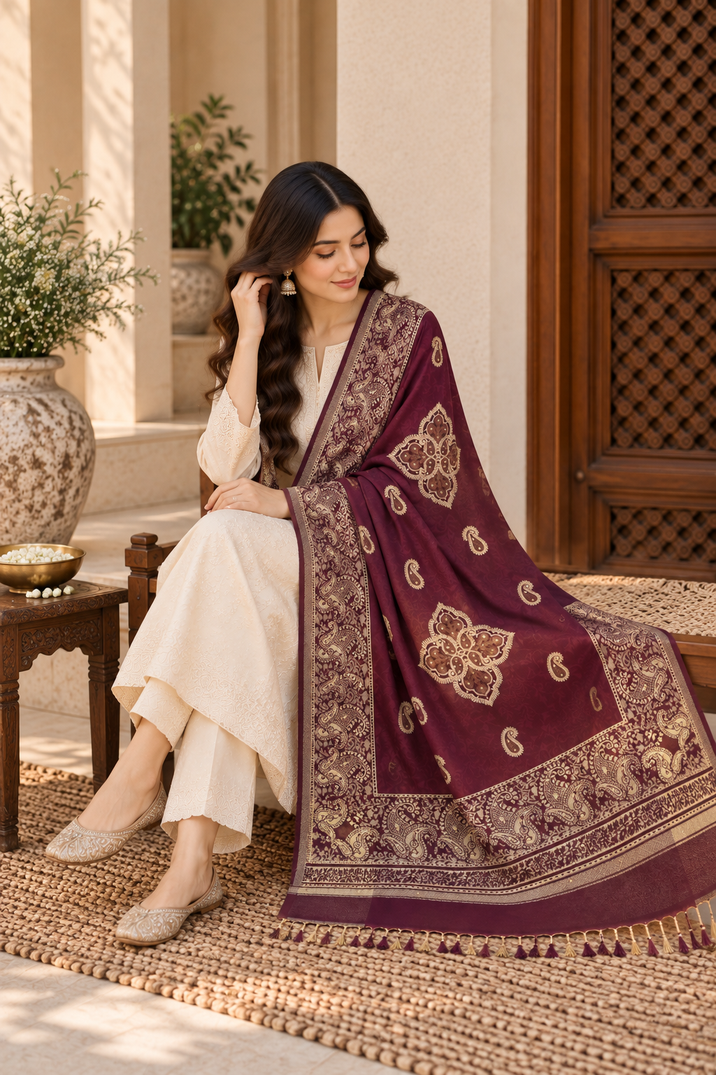 Plum Paisley Shawl with Medallion Accents