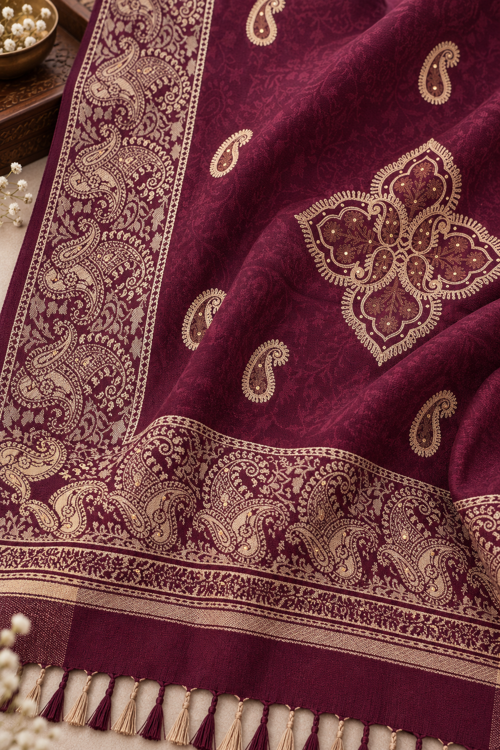 Plum Paisley Shawl with Medallion Accents