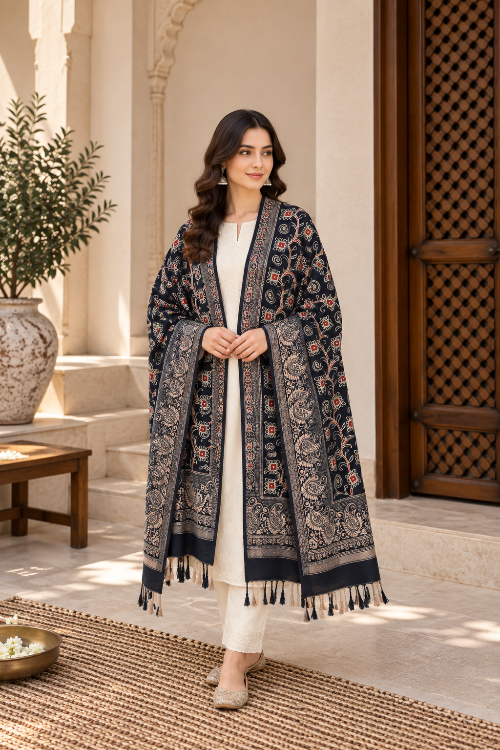 Black Vine Embroidered Shawl with Paisley Border