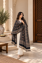 Black Vine Embroidered Shawl with Paisley Border