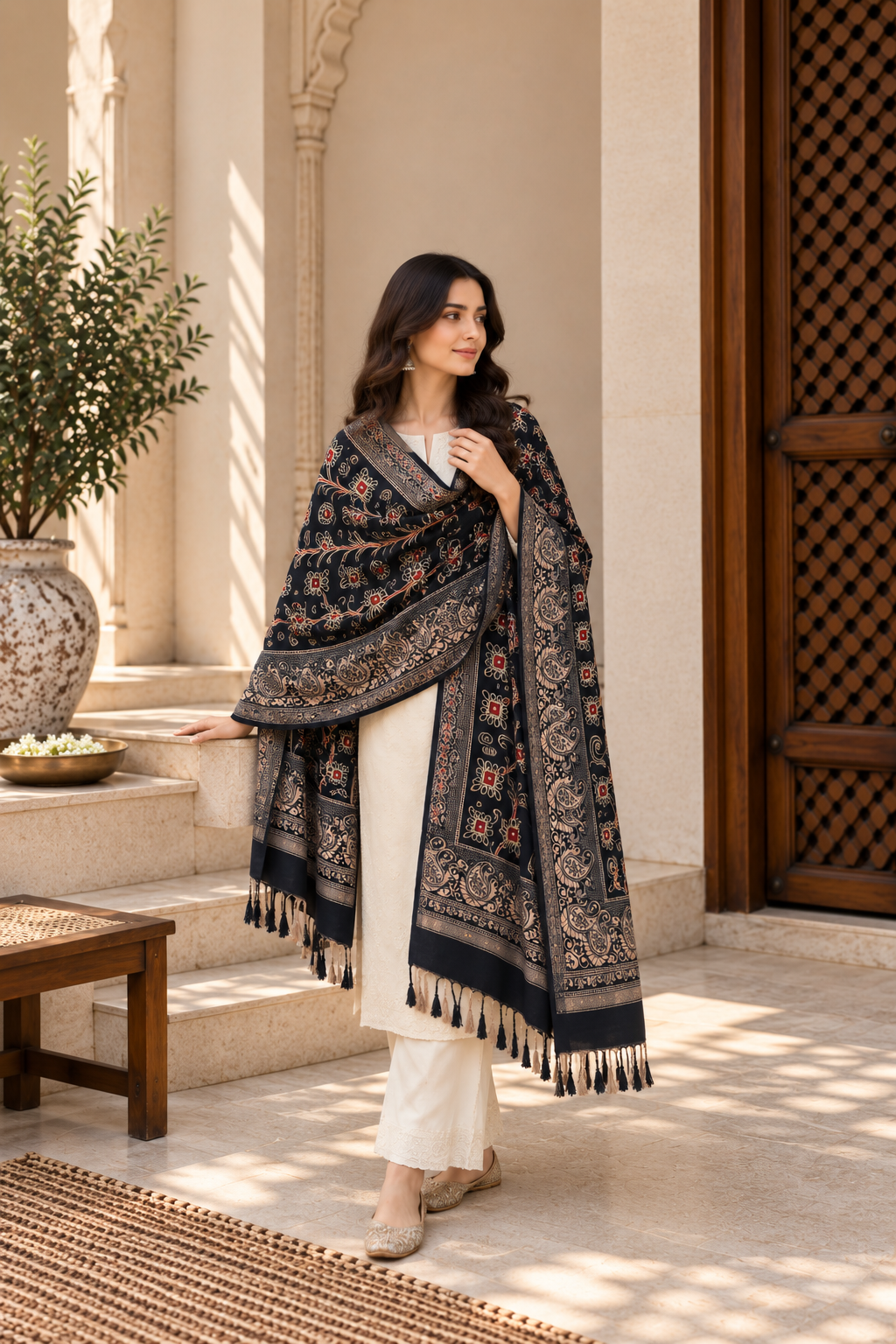 Black Vine Embroidered Shawl with Paisley Border