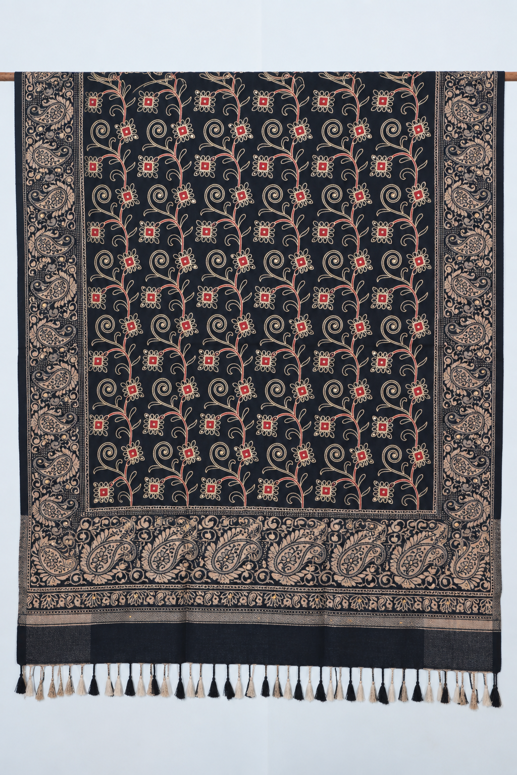 Black Vine Embroidered Shawl with Paisley Border