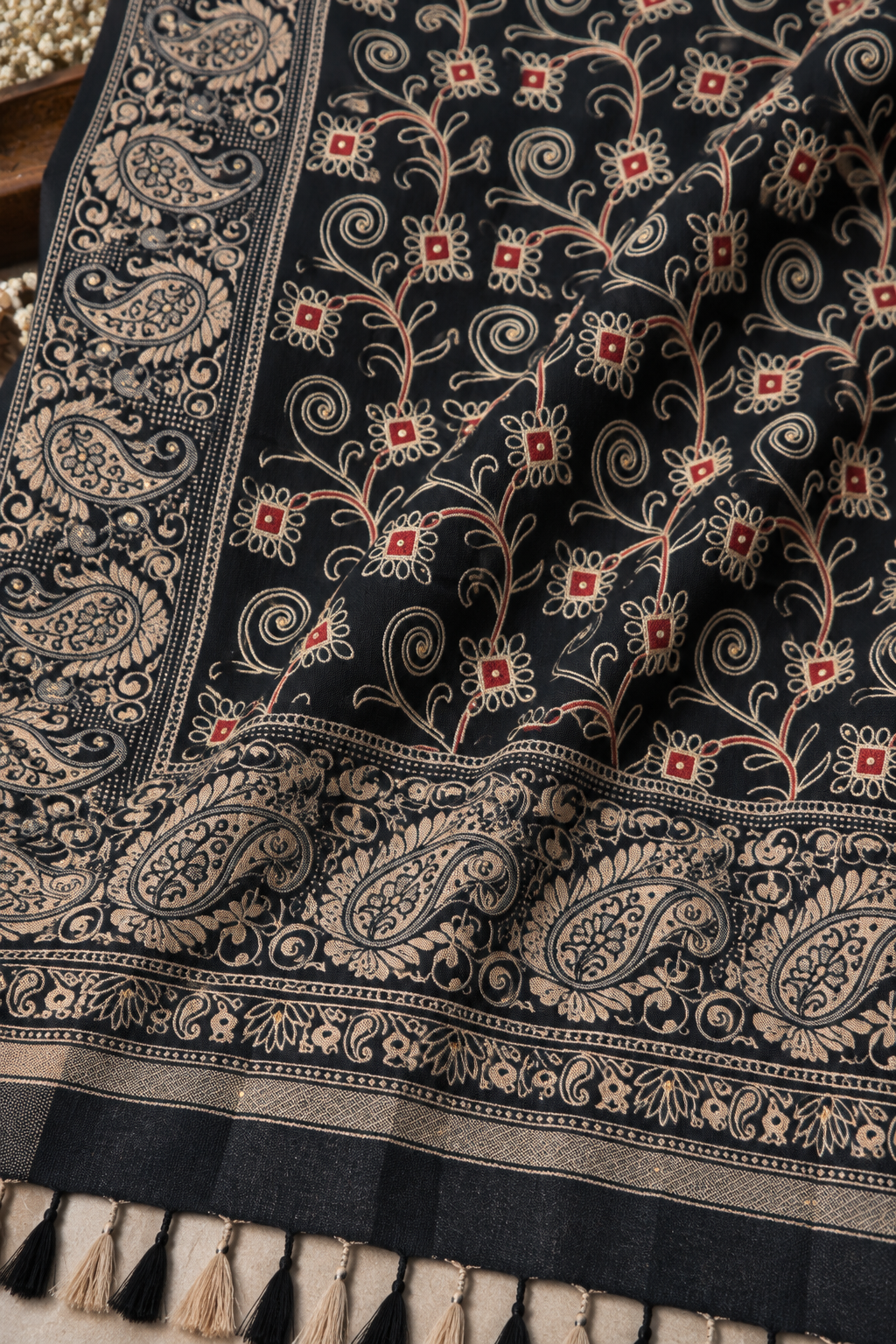 Black Vine Embroidered Shawl with Paisley Border