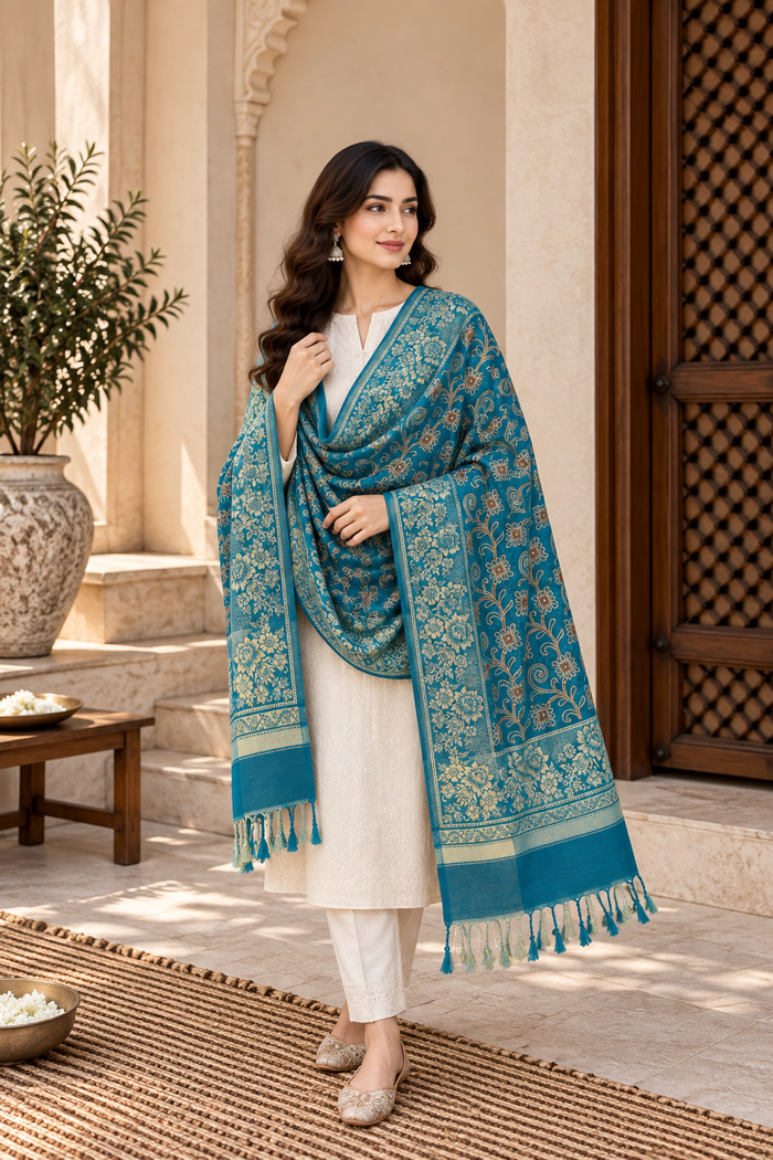Teal Gold Vine Embroidered Shawl with Floral Border