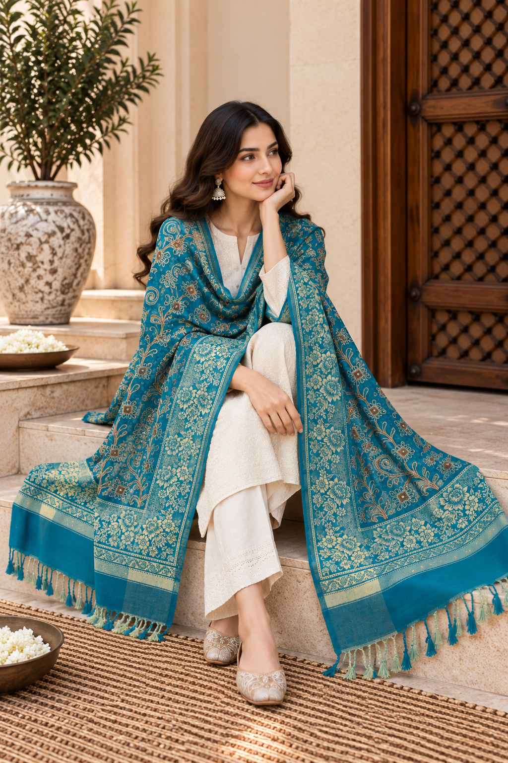 Teal Gold Vine Embroidered Shawl with Floral Border
