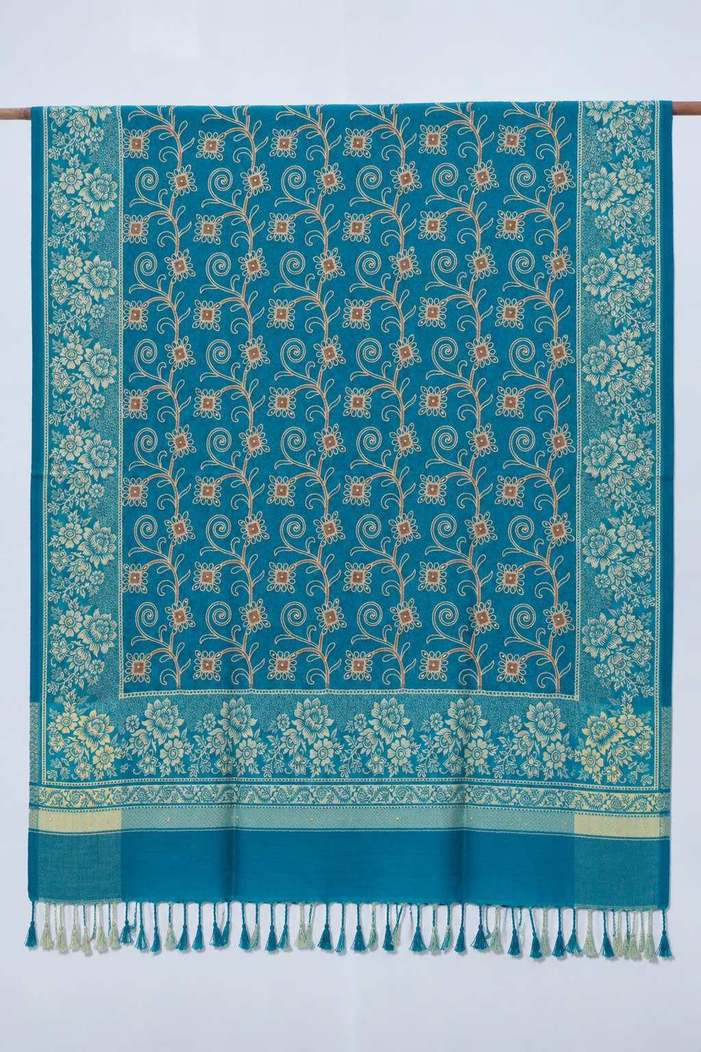 Teal Gold Vine Embroidered Shawl with Floral Border