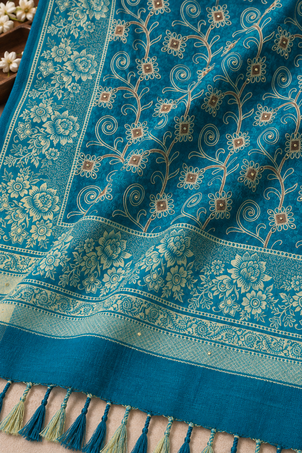 Teal Gold Vine Embroidered Shawl with Floral Border