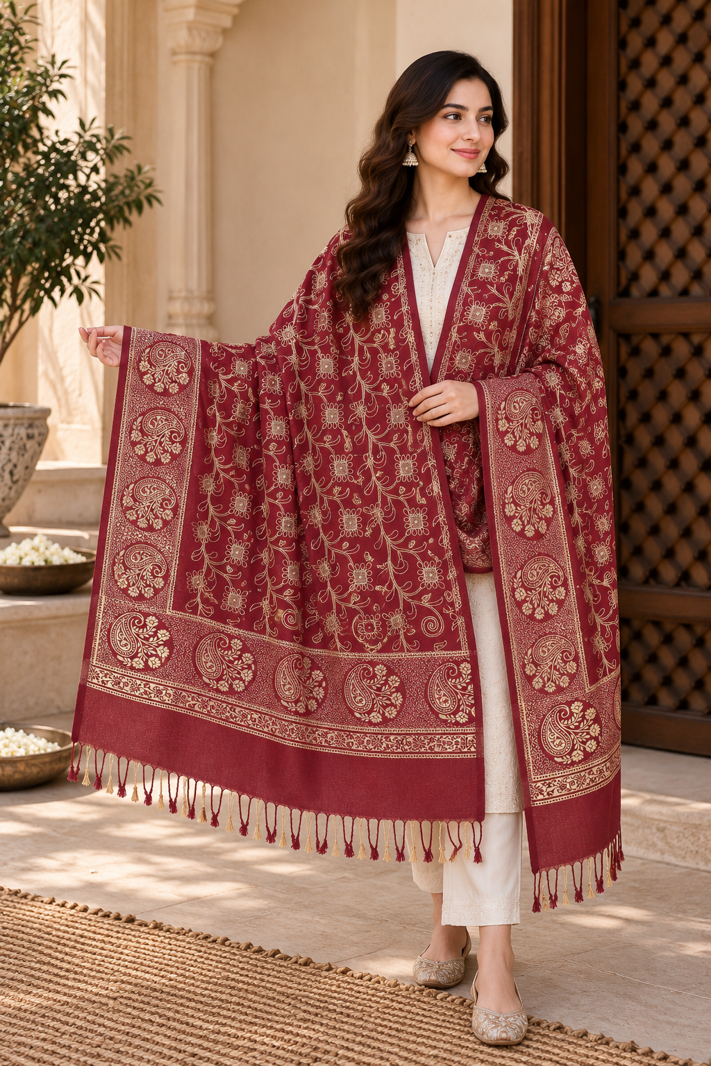 Maroon Gold Vine Embroidered Shawl with Paisley Border