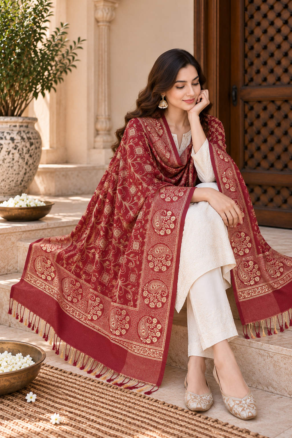 Maroon Gold Vine Embroidered Shawl with Paisley Border