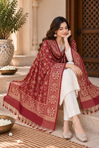 Maroon Gold Vine Embroidered Shawl with Paisley Border