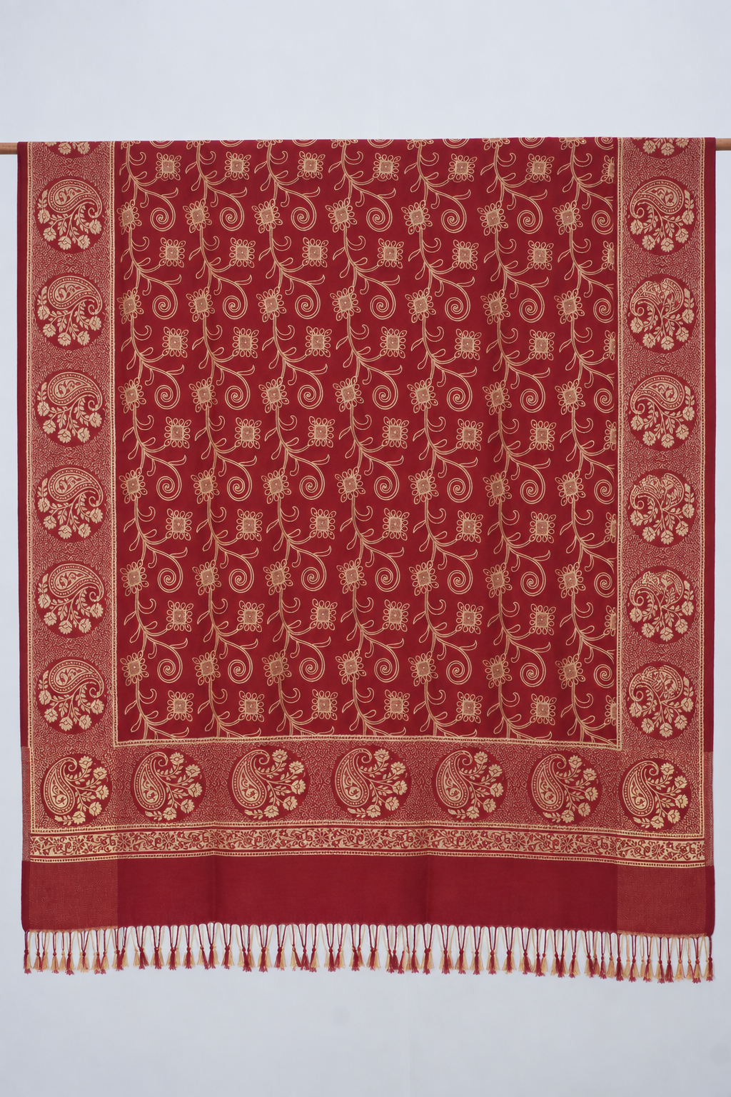 Maroon Gold Vine Embroidered Shawl with Paisley Border