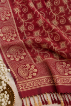 Maroon Gold Vine Embroidered Shawl with Paisley Border