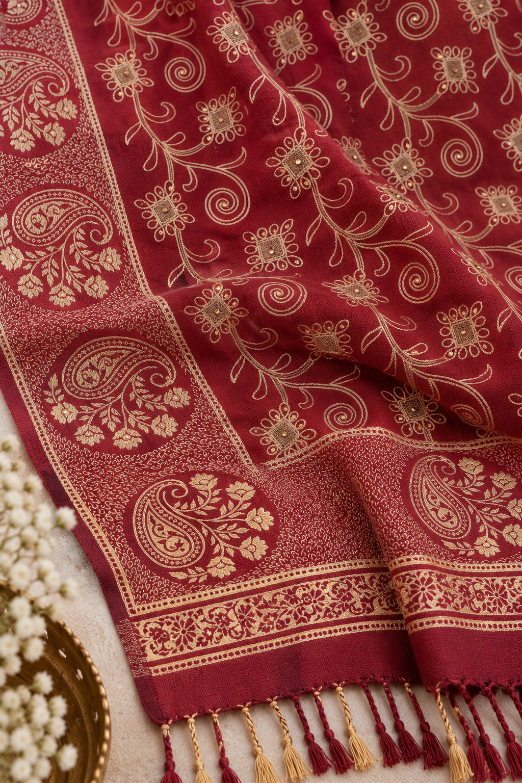 Maroon Gold Vine Embroidered Shawl with Paisley Border