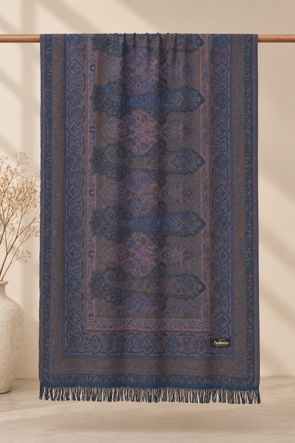 Indigo Kani Paisley Shawl with Ornate Border