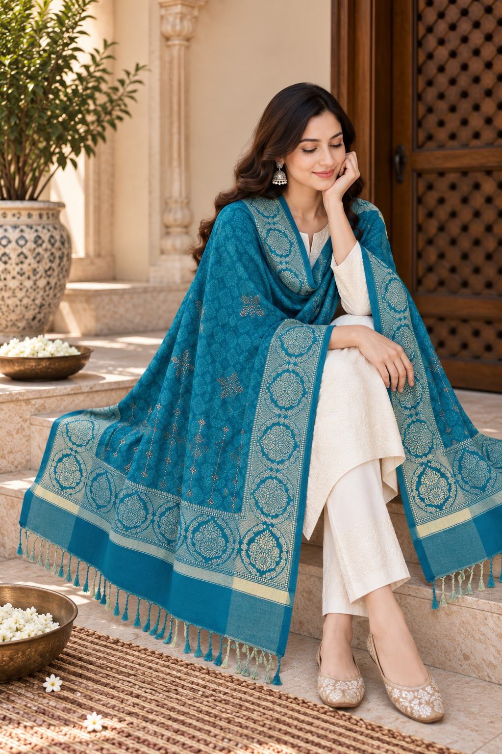 Teal Kundan Embellished Shawl with Medallion Border