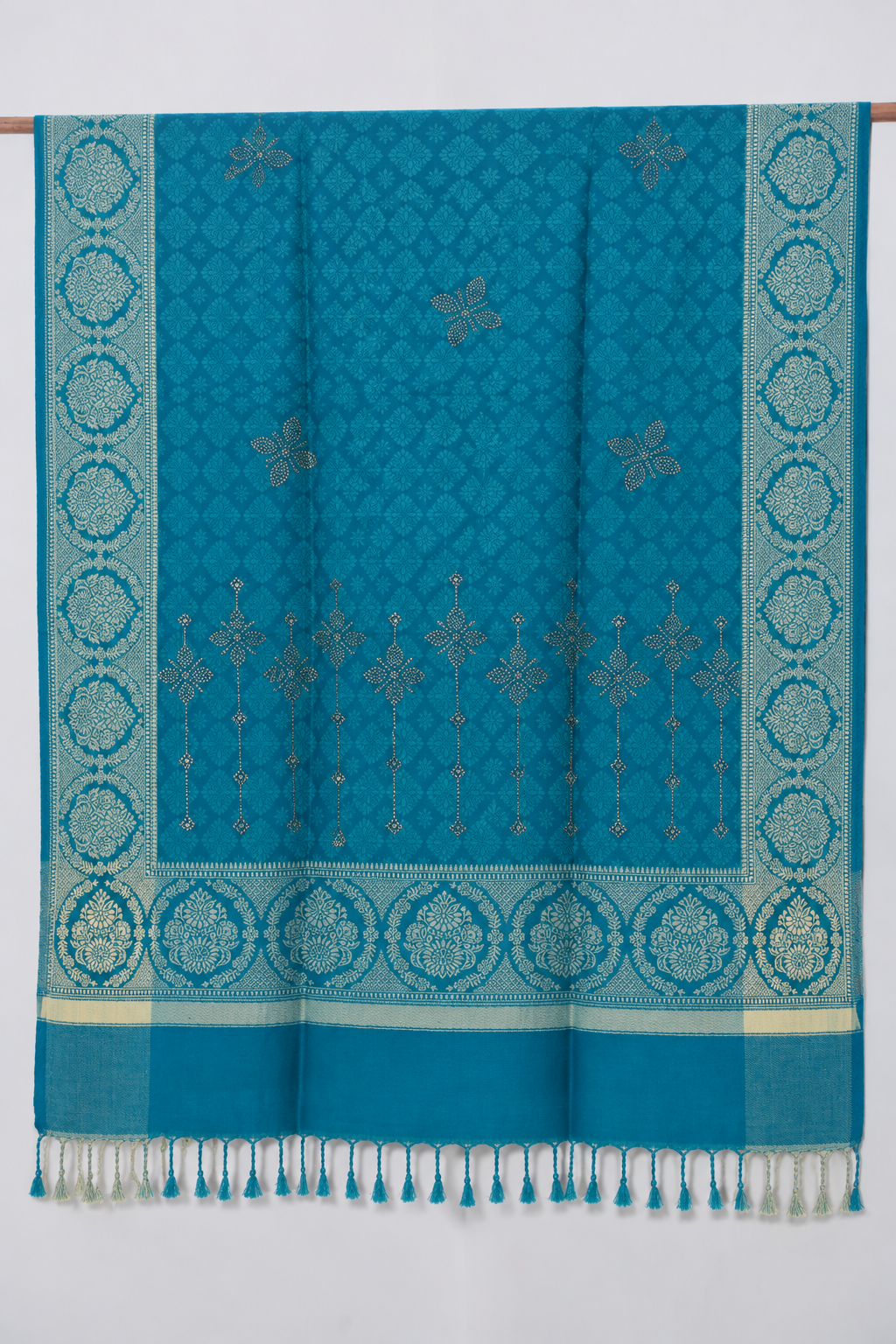 Teal Kundan Embellished Shawl with Medallion Border