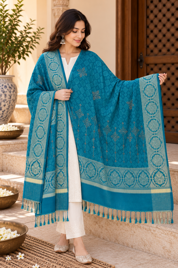 Teal Kundan Embellished Shawl with Medallion Border