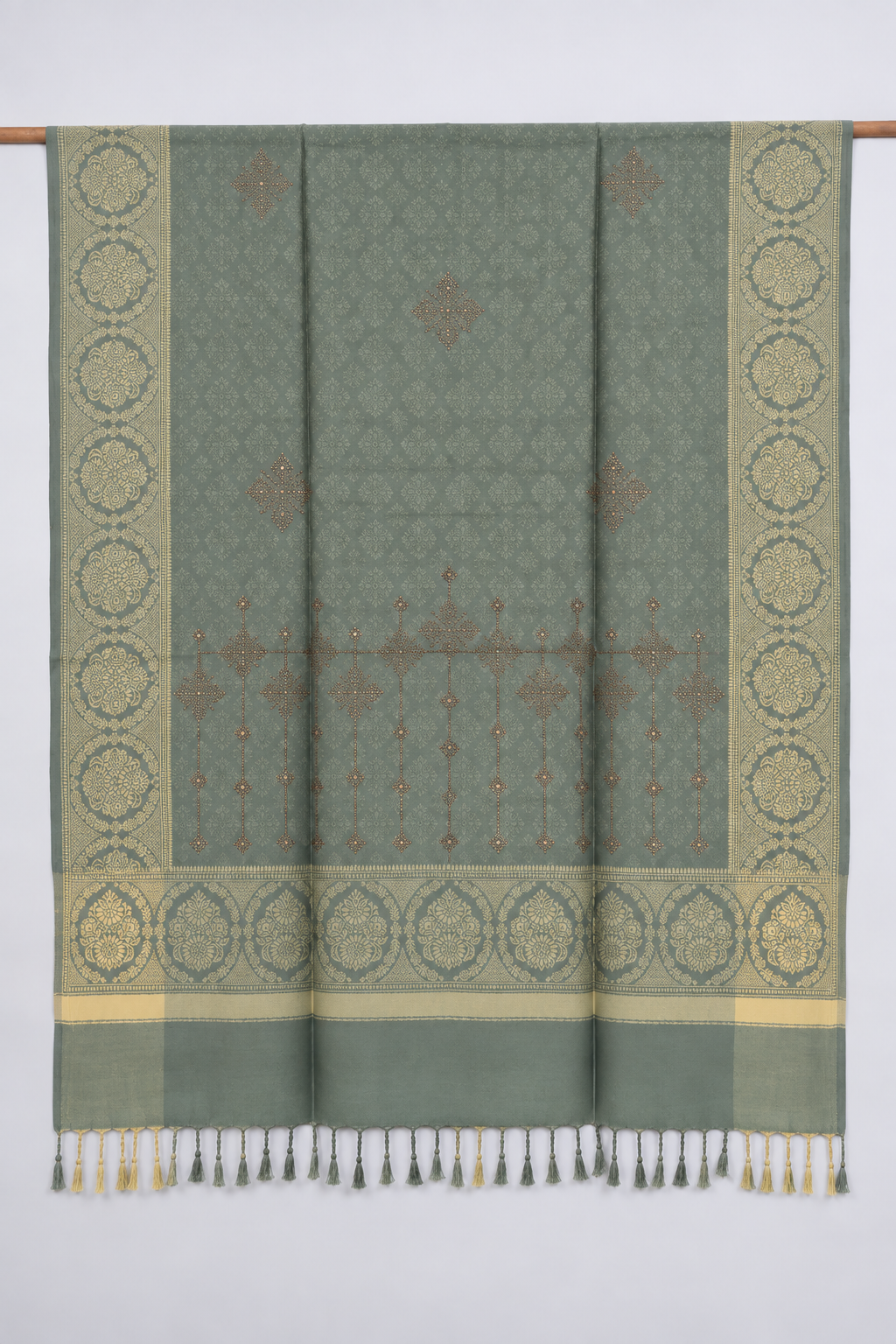 Sage Green Kundan Embellished Shawl with Medallion Border