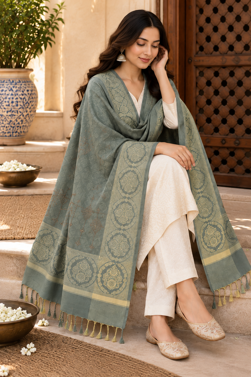 Sage Green Kundan Embellished Shawl with Medallion Border