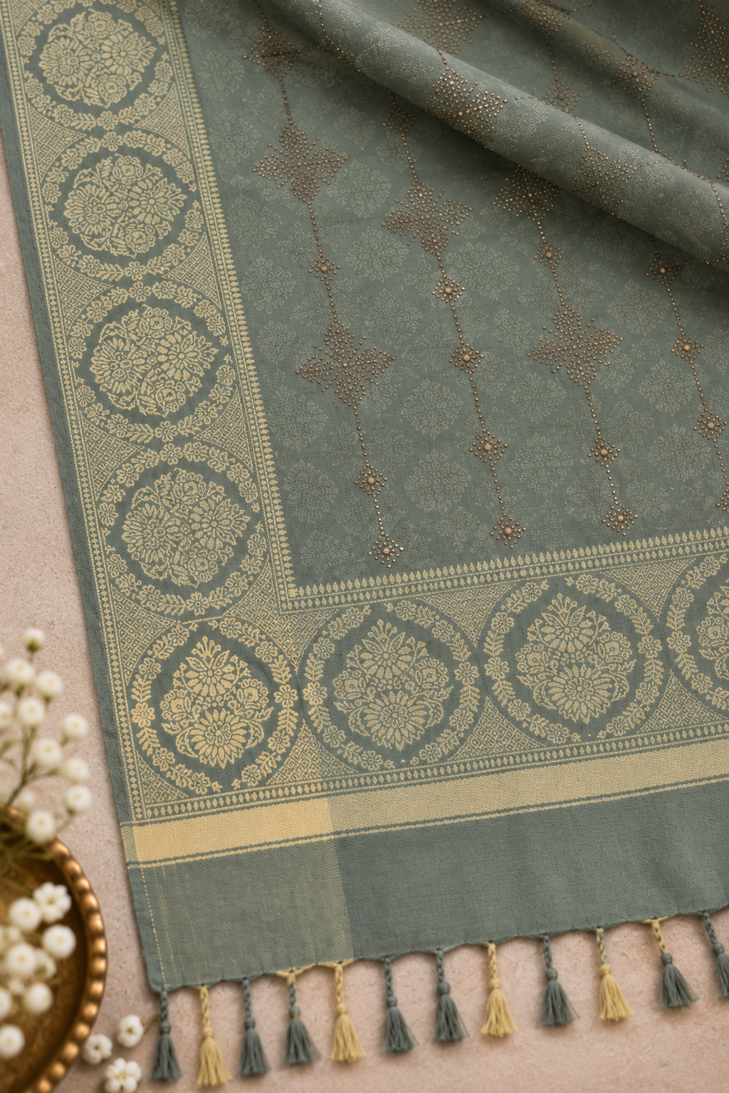 Sage Green Kundan Embellished Shawl with Medallion Border