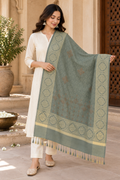 Sage Green Kundan Embellished Shawl with Medallion Border