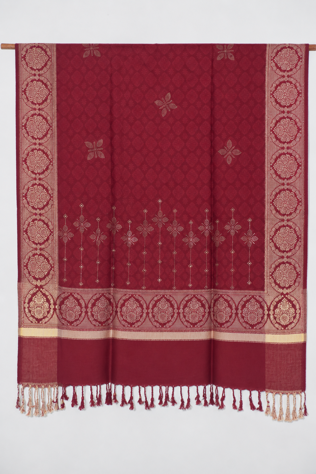 Maroon Kundan Embellished Shawl with Medallion Border