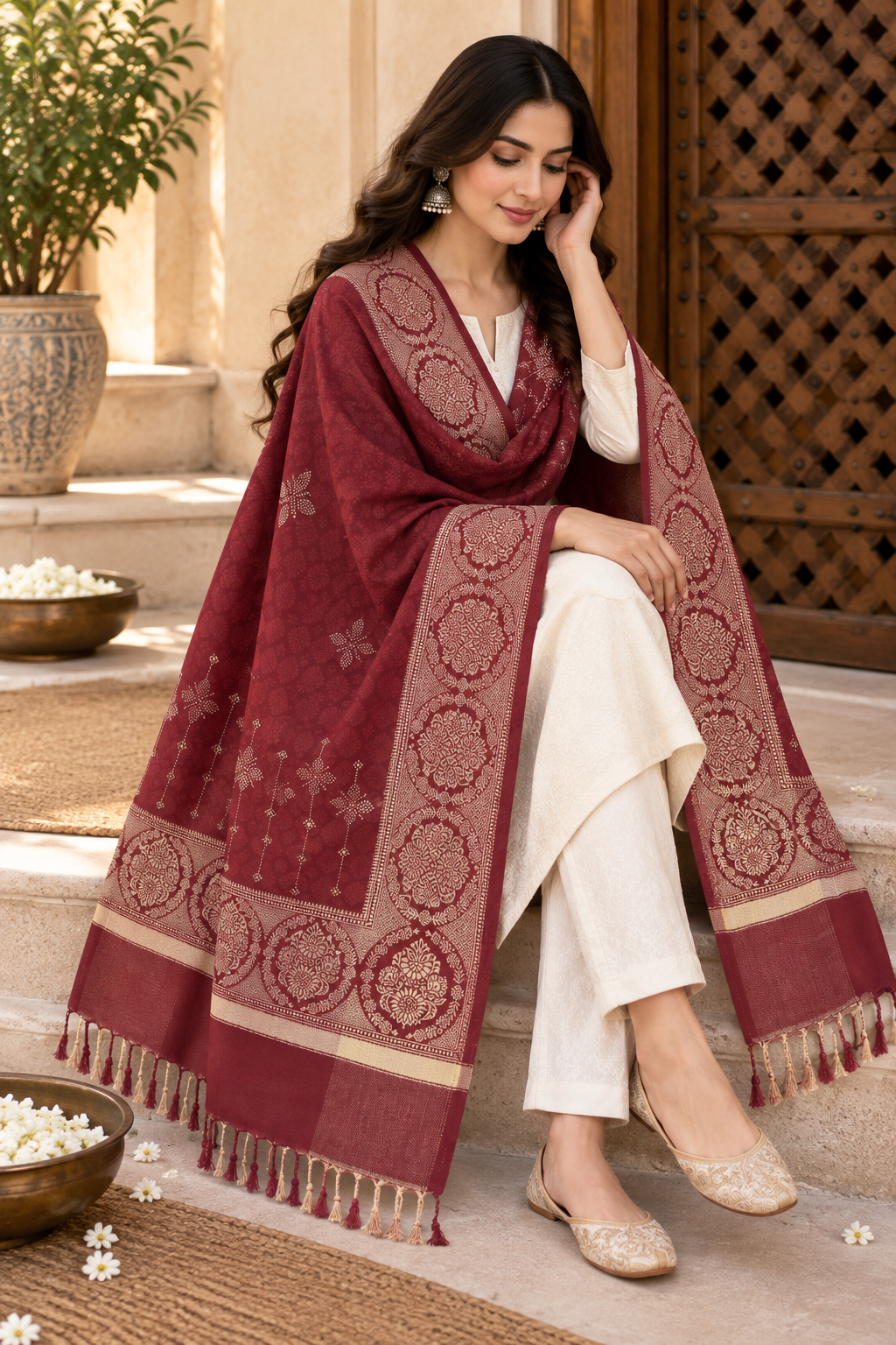 Maroon Kundan Embellished Shawl with Medallion Border