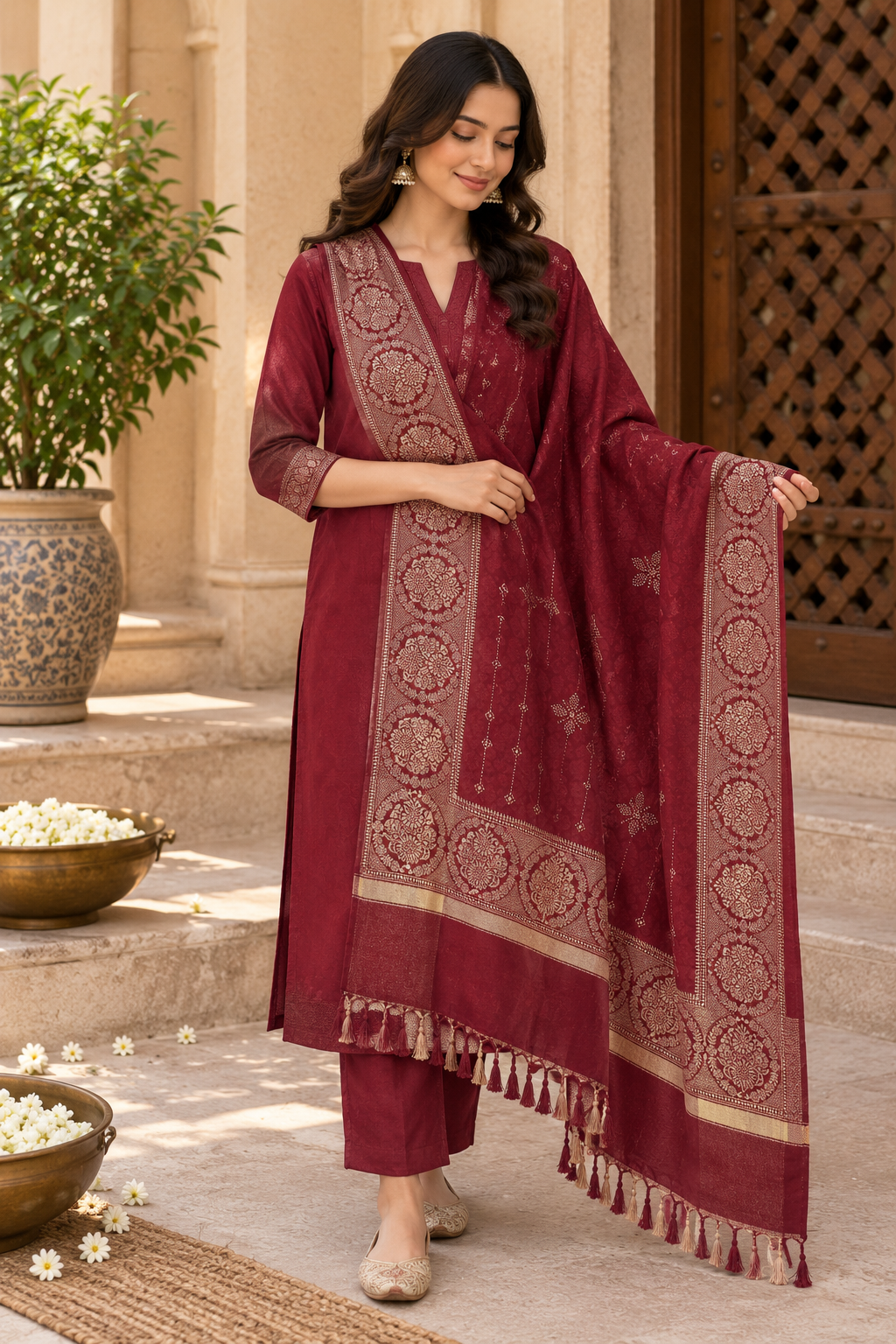 Maroon Kundan Embellished Shawl with Medallion Border