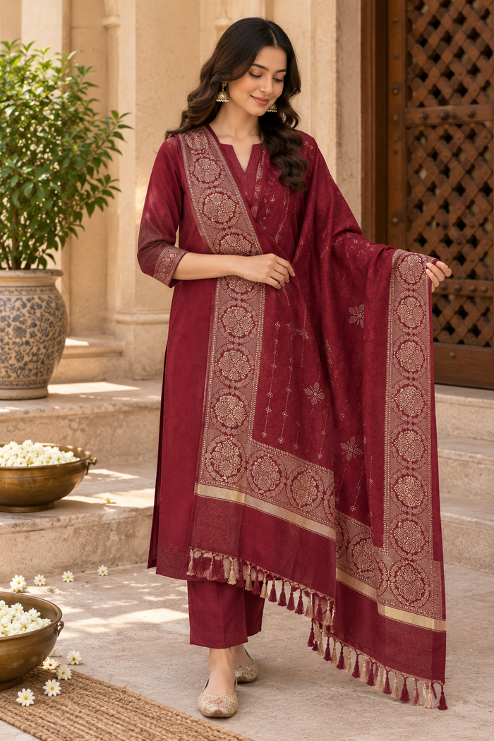 Maroon Kundan Embellished Shawl with Medallion Border
