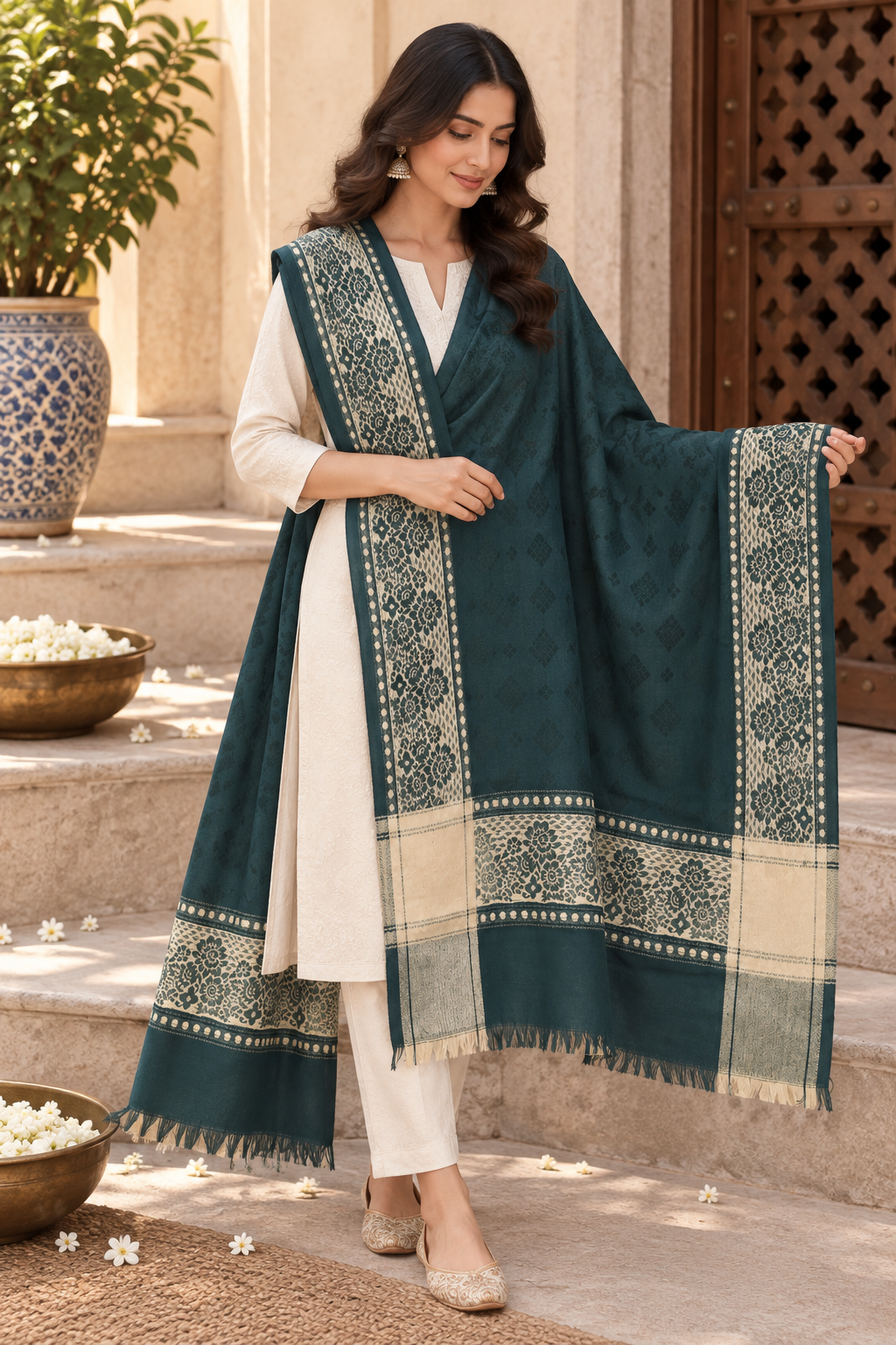 Bottle Green Silk Stole with Cream Floral Border
