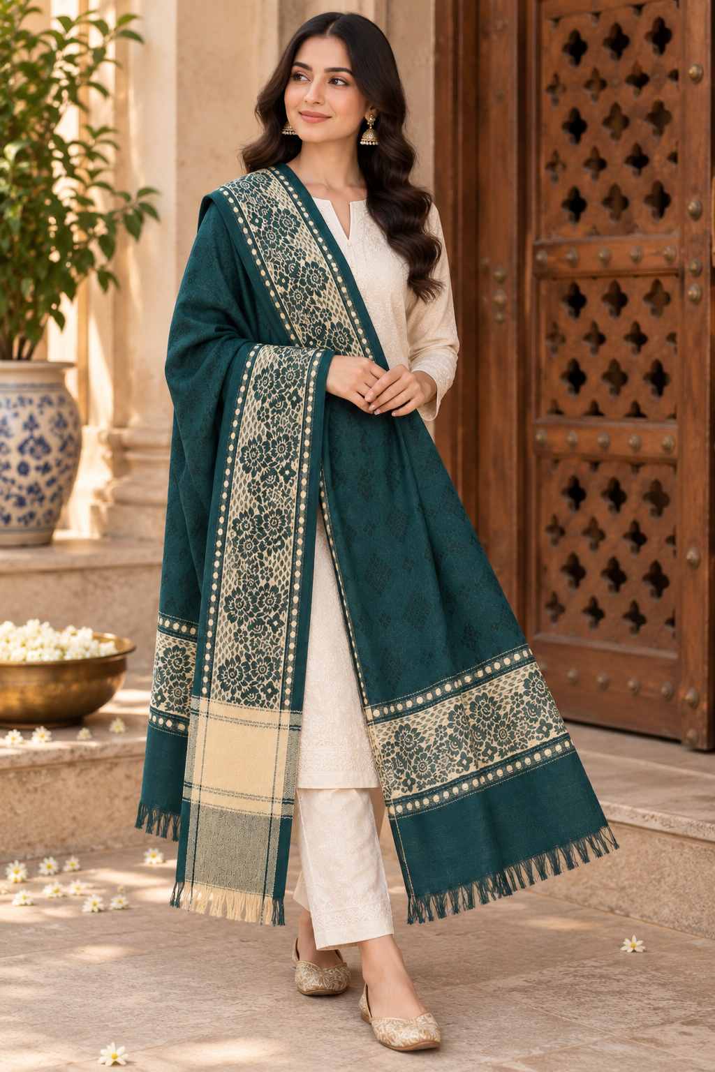 Bottle Green Silk Stole with Cream Floral Border