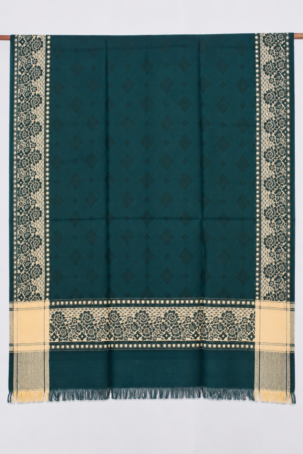 Bottle Green Silk Stole with Cream Floral Border
