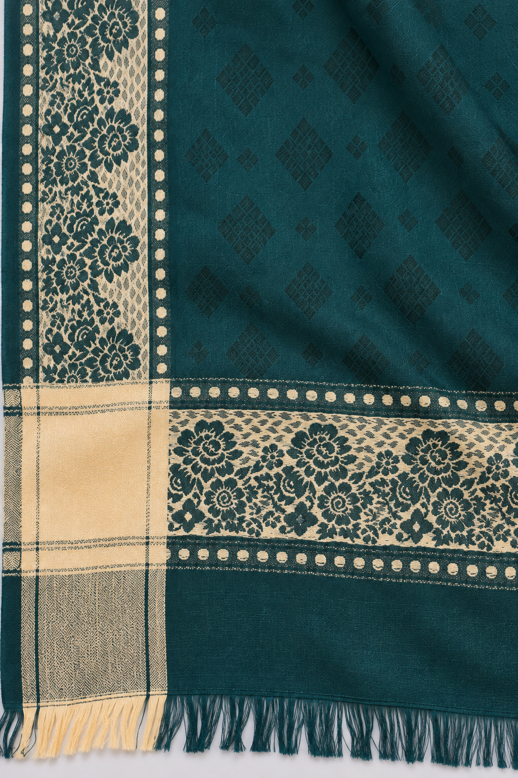 Bottle Green Silk Stole with Cream Floral Border