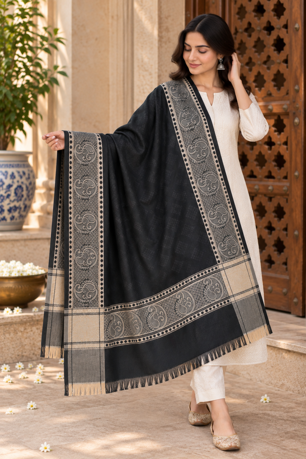 Black Silk Stole with Beige Paisley Border