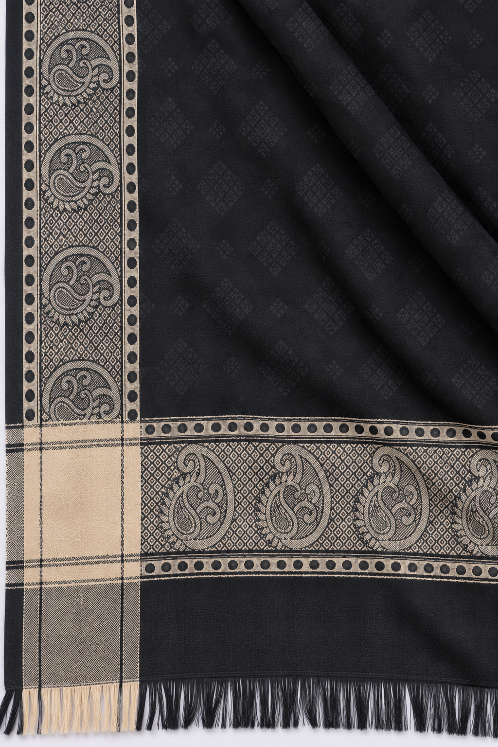Black Silk Stole with Beige Paisley Border