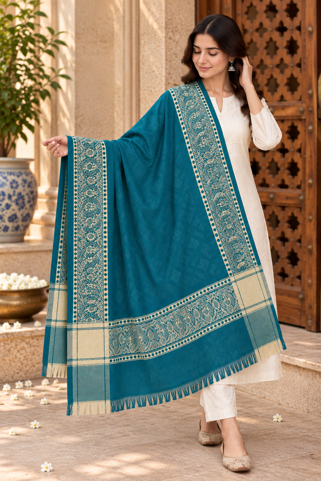 Teal Silk Stole with Golden Paisley Border