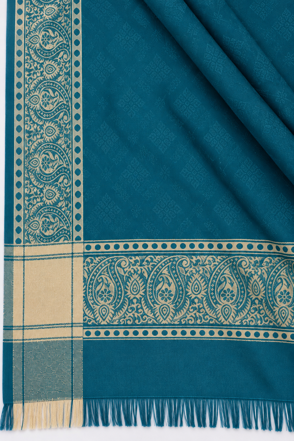 Teal Silk Stole with Golden Paisley Border