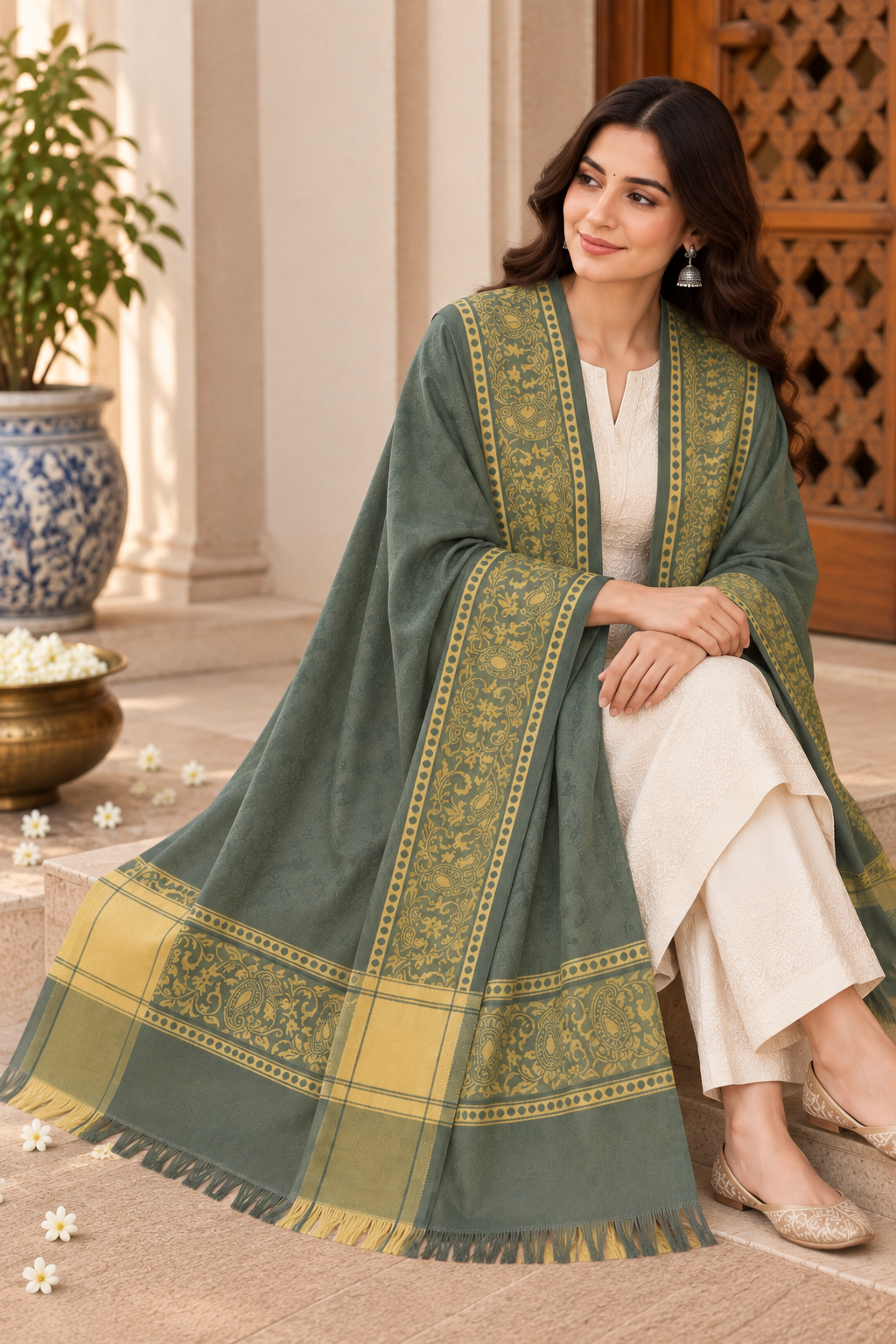 Sage Green Silk Stole with Golden Paisley Border
